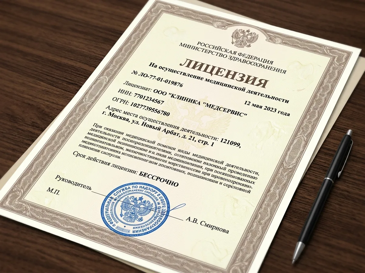 Лицензия Росздравнадзора на осуществление медицинской деятельности, документ с синей печатью, официальный бланк