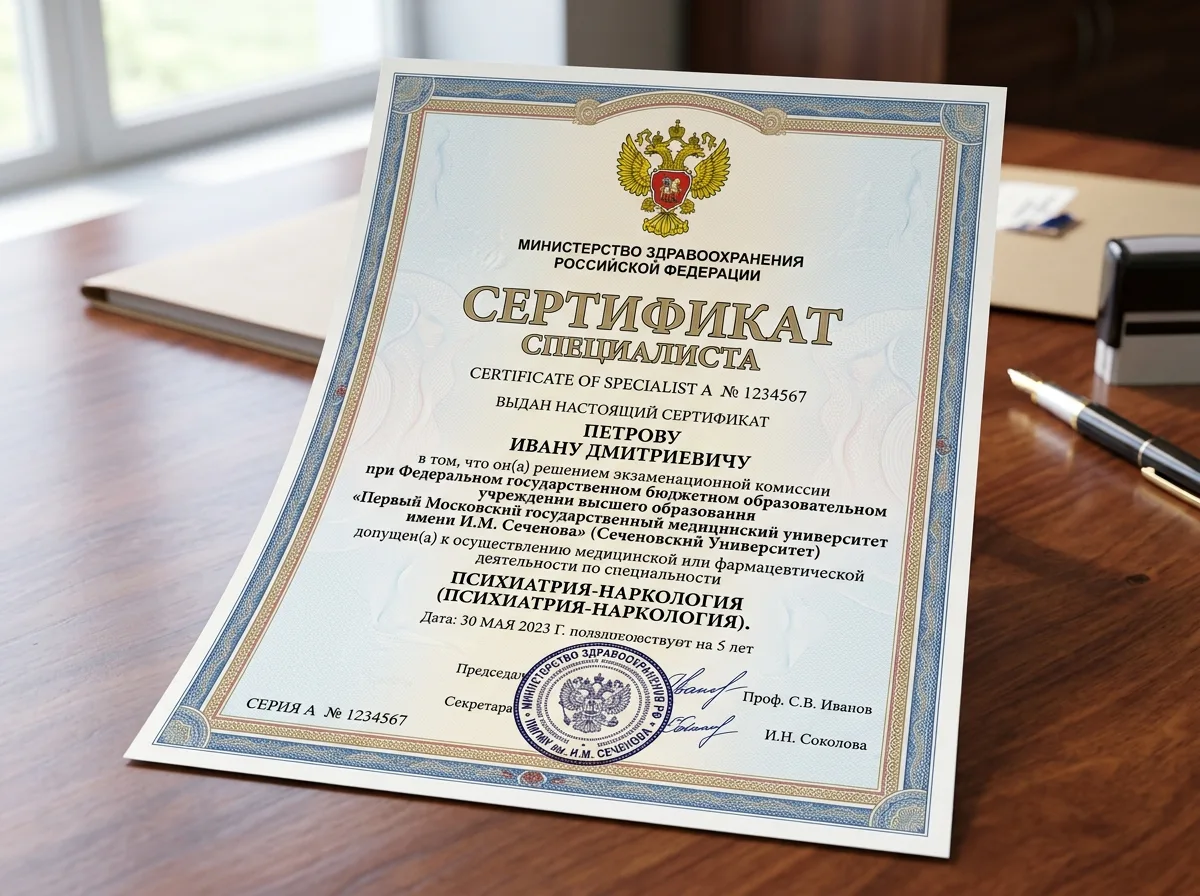 Сертификат специалиста нарколога, официальный документ с гербом Министерства здравоохранения России
