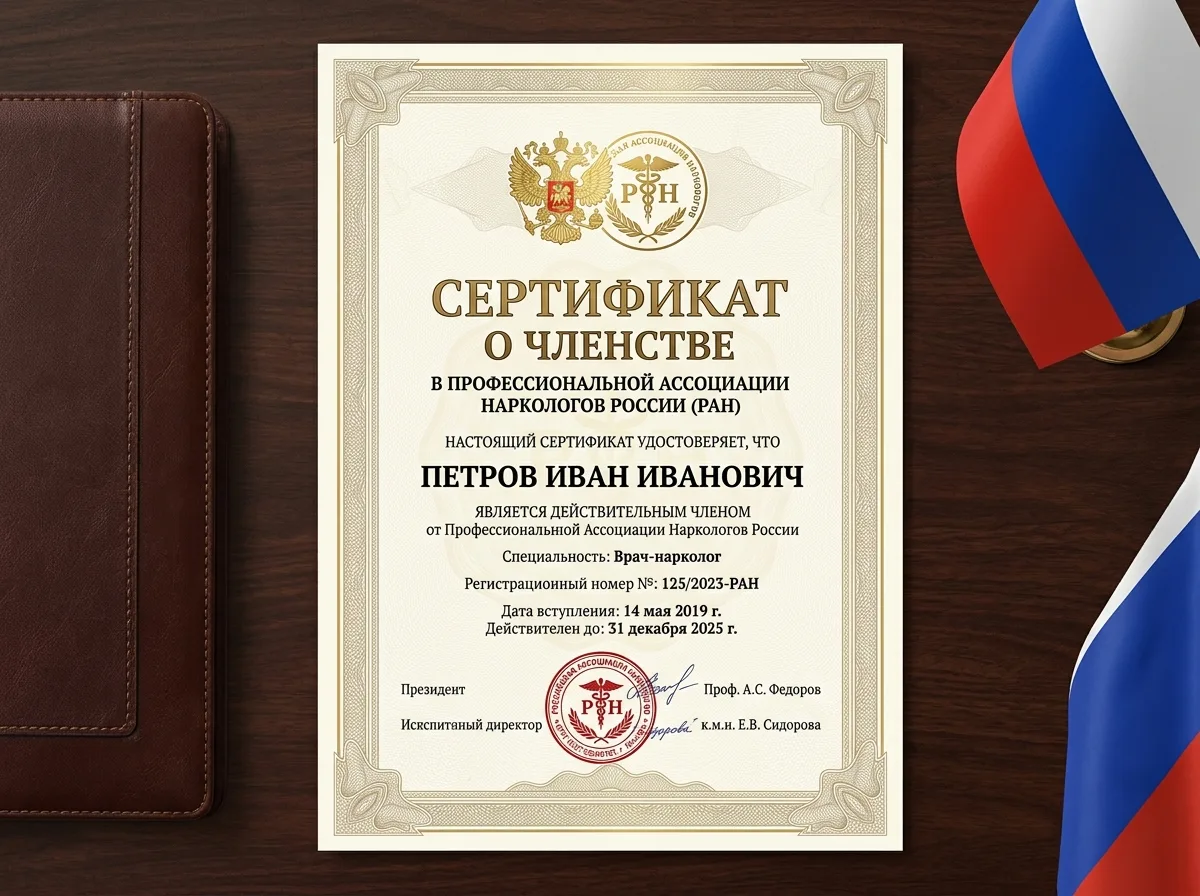 Свидетельство о членстве в профессиональной ассоциации наркологов России, официальный бланк