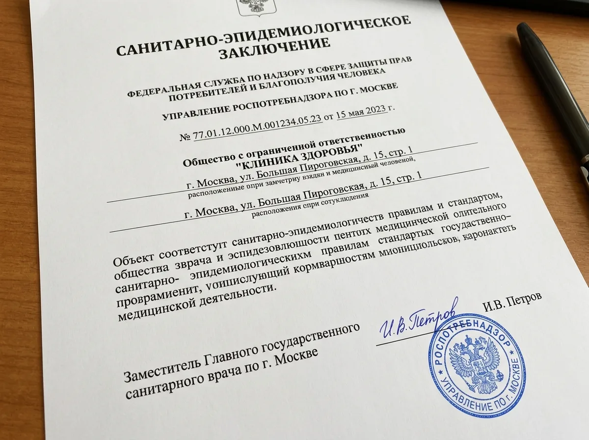 Санитарно-эпидемиологическое заключение Роспотребнадзора для медицинского учреждения, документ с подписью и печатью